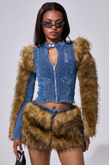 KENDRA FUR TRIM DENIM TOP