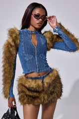 KENDRA FUR TRIM DENIM TOP
