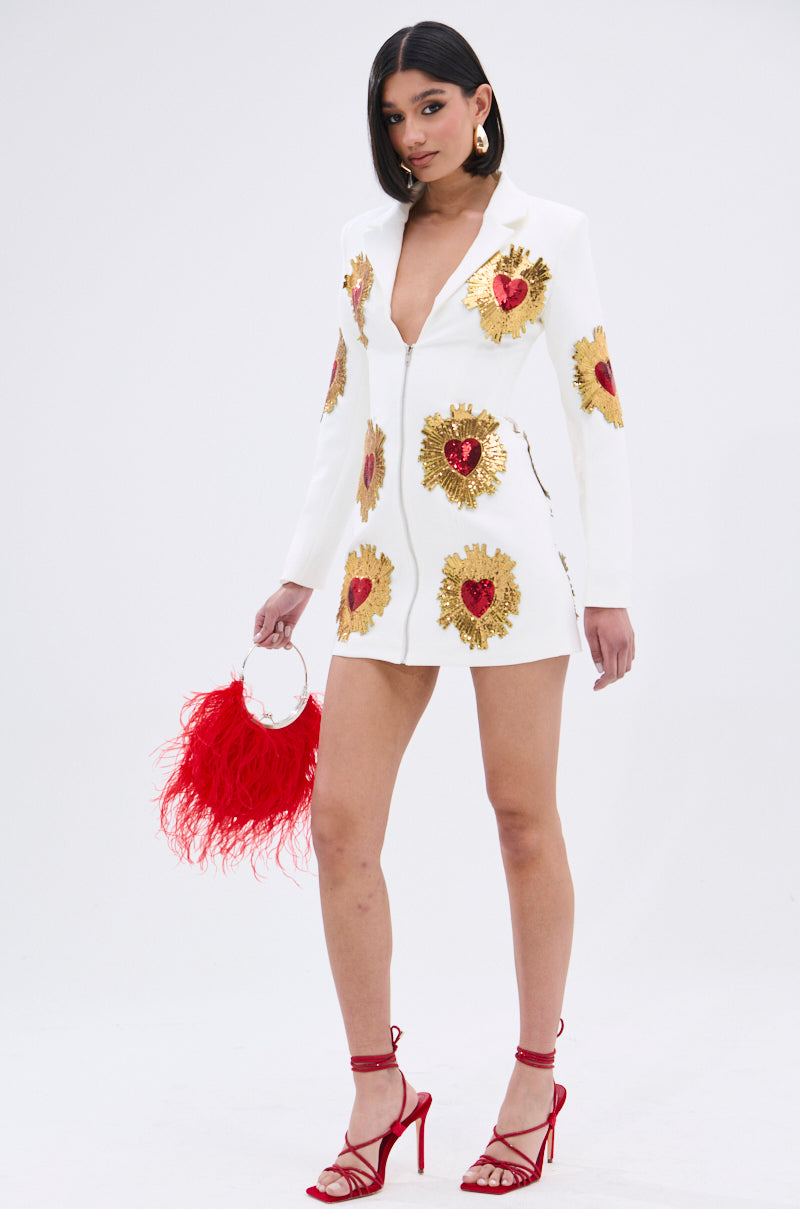 GLISTENING IN GOLD BLAZER DRESS IN WHITE