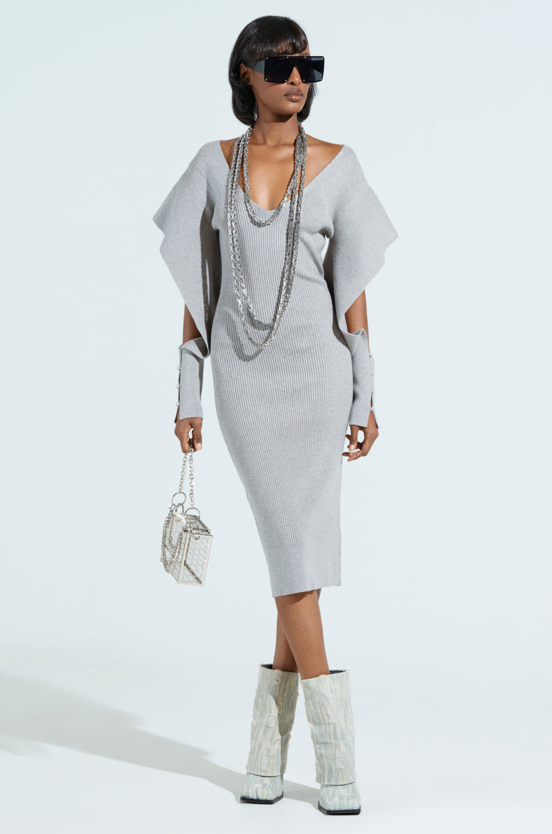 OFF TO BRUNCH KNIT MIDI DRESS IN HEATHER GREY