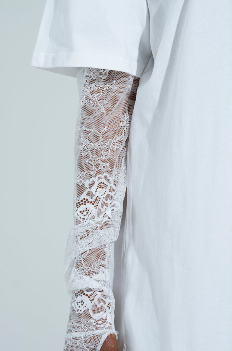 GIRLY BUT NOT LAYERED LACE MIDI DRESS IN WHITE