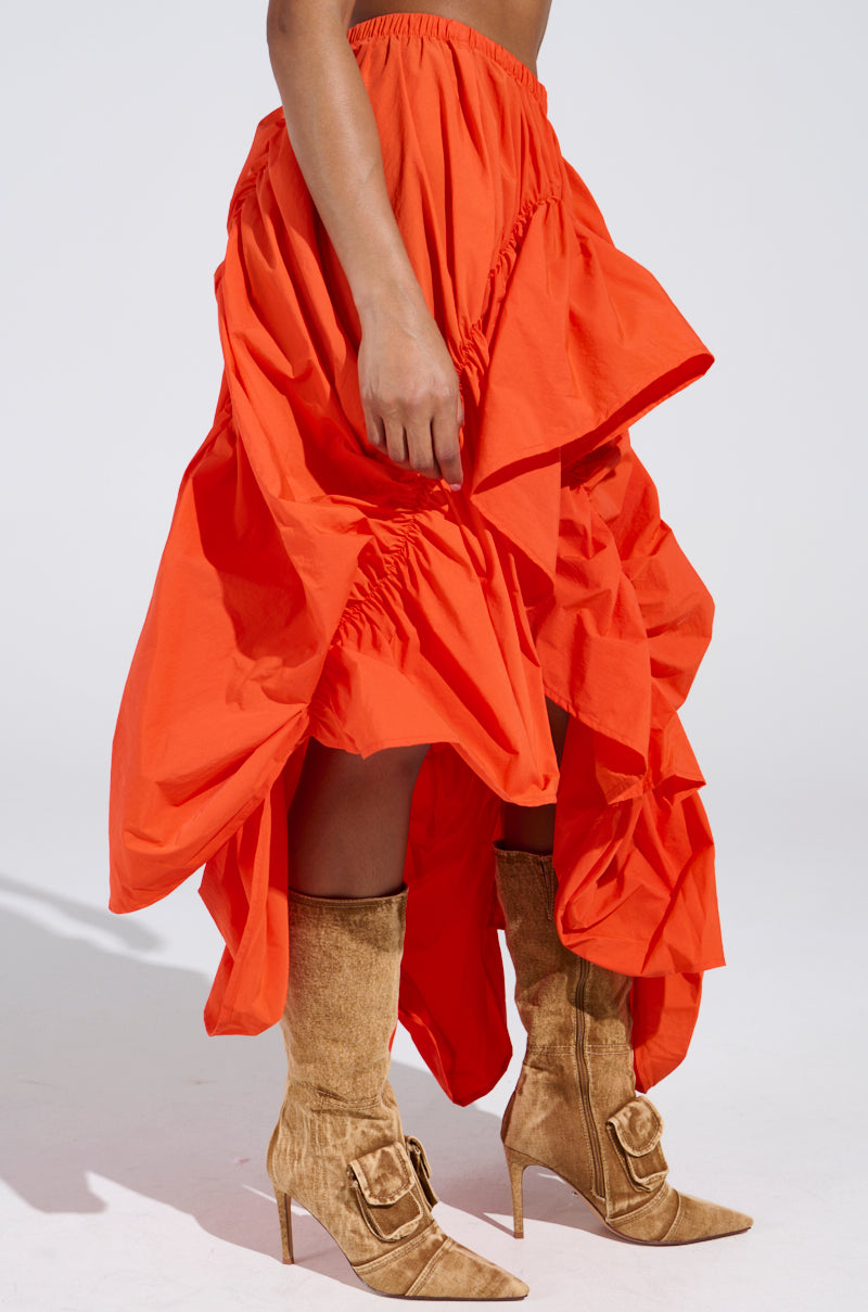 LETS CHANGE IT UP RUCHED MIDI SKIRT IN ORANGE