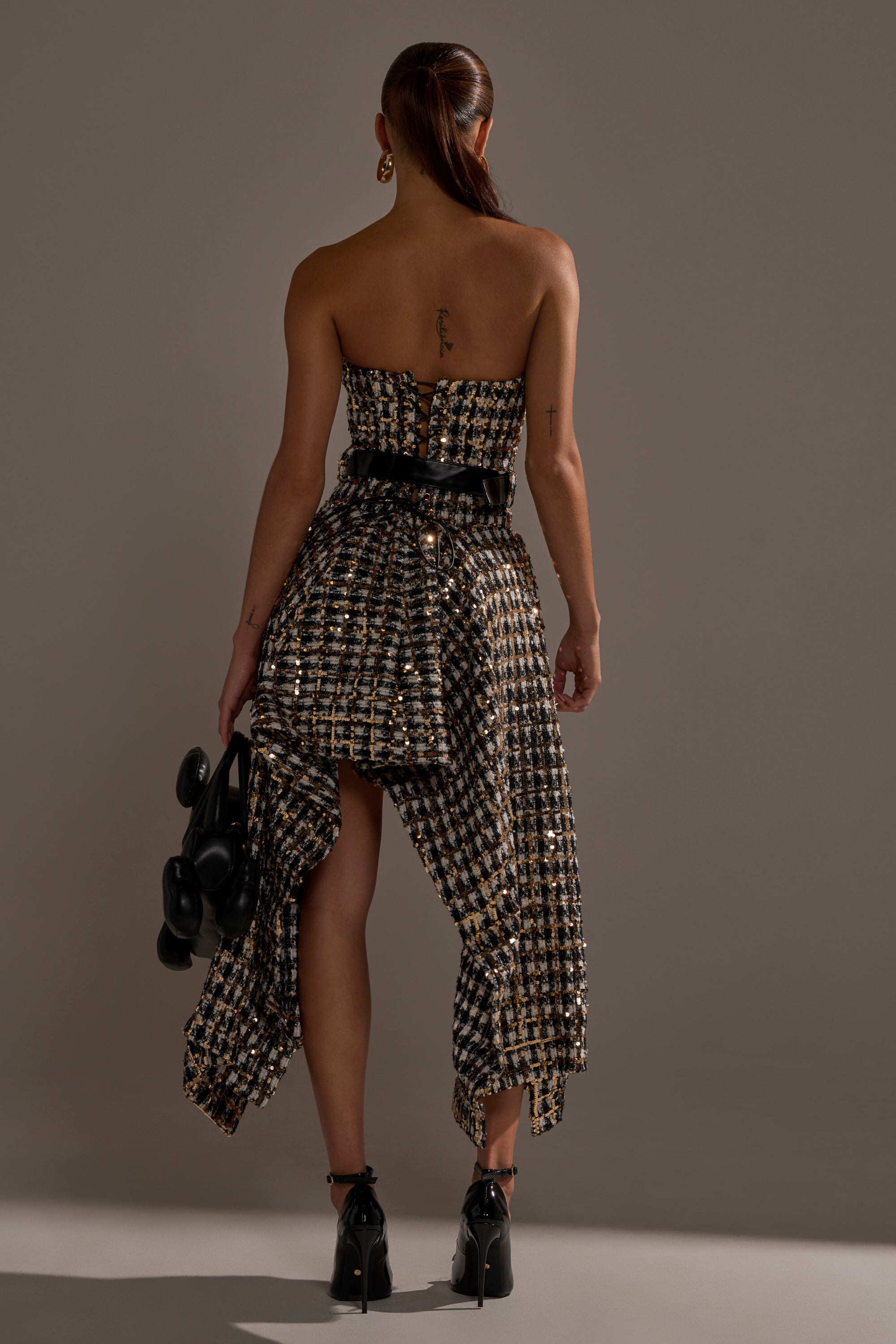 PURE ROYALTY BROCADE HIGH LOW TWEED DRESS WITH SEQUINS
