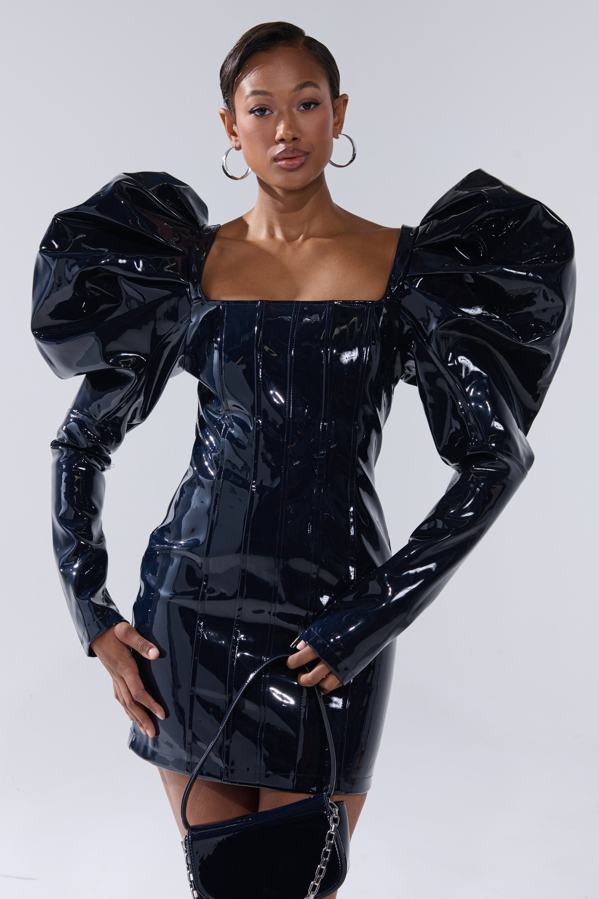 BADDIES ONLY PATENT MINI DRESS IN NAVY