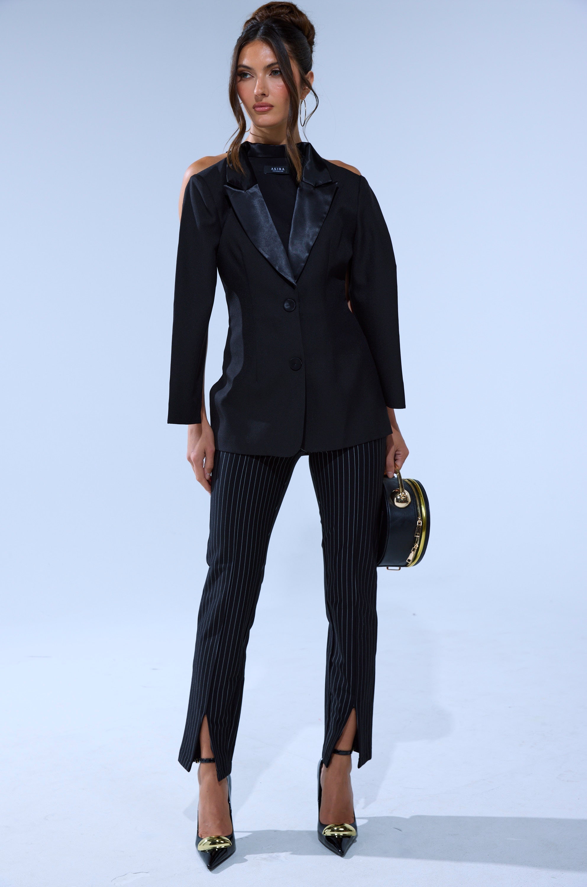 LIVI STRETCHY PINSTRIPE SKINNY PANTS WITH SLITS