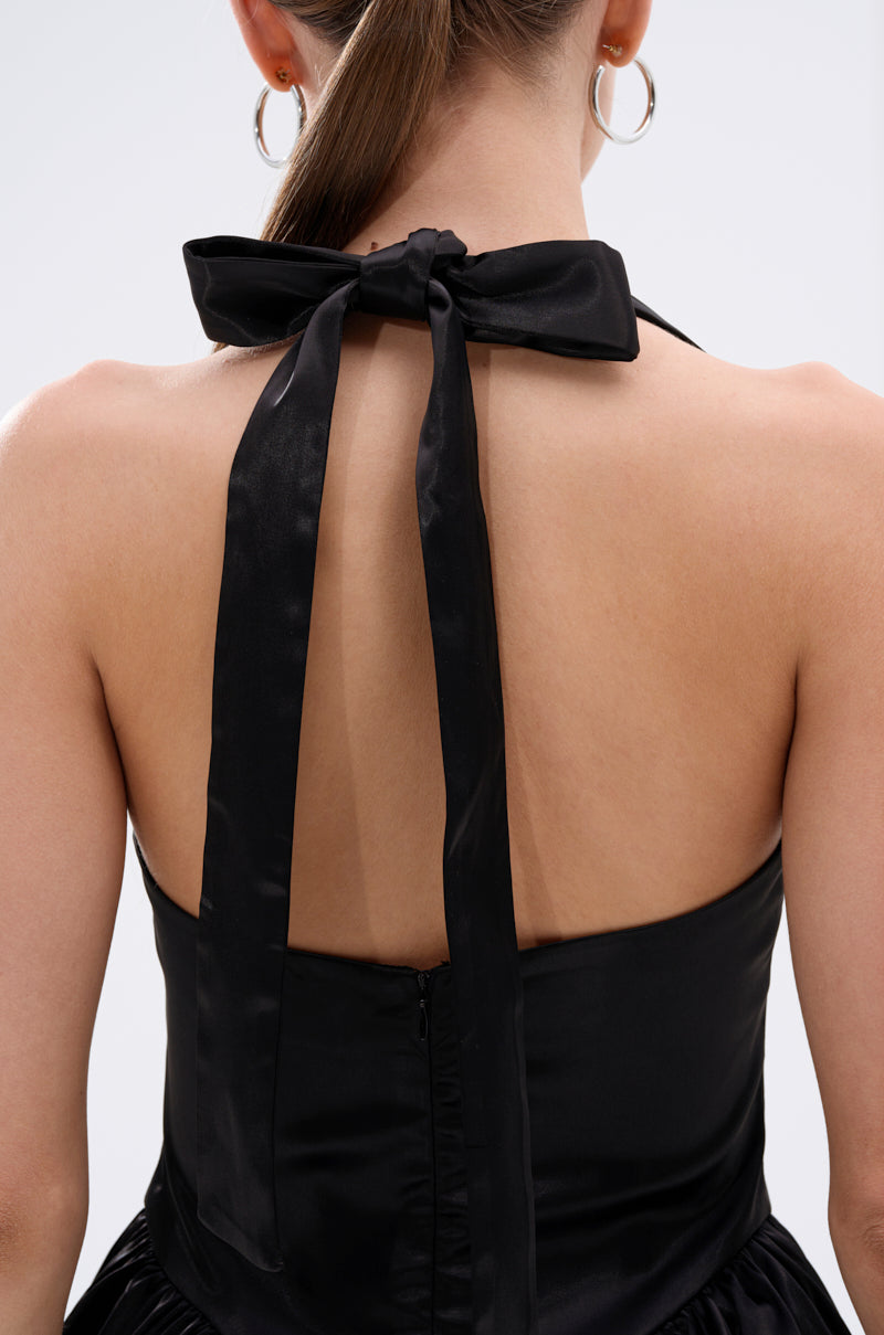 LIKE DAYLIGHT SATIN MINI DRESS IN BLACK