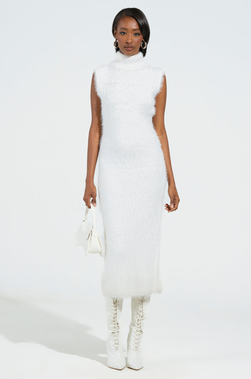 KYLIE FUZZY MIDI DRESS IN WHITE