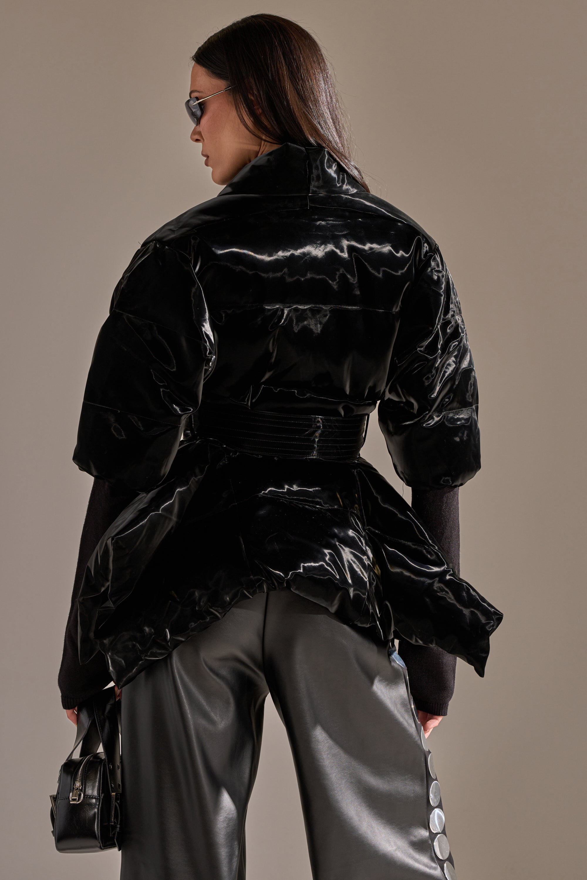 RIB SLEEVE PEPLUM PUFFER IN LIQUID VELVET