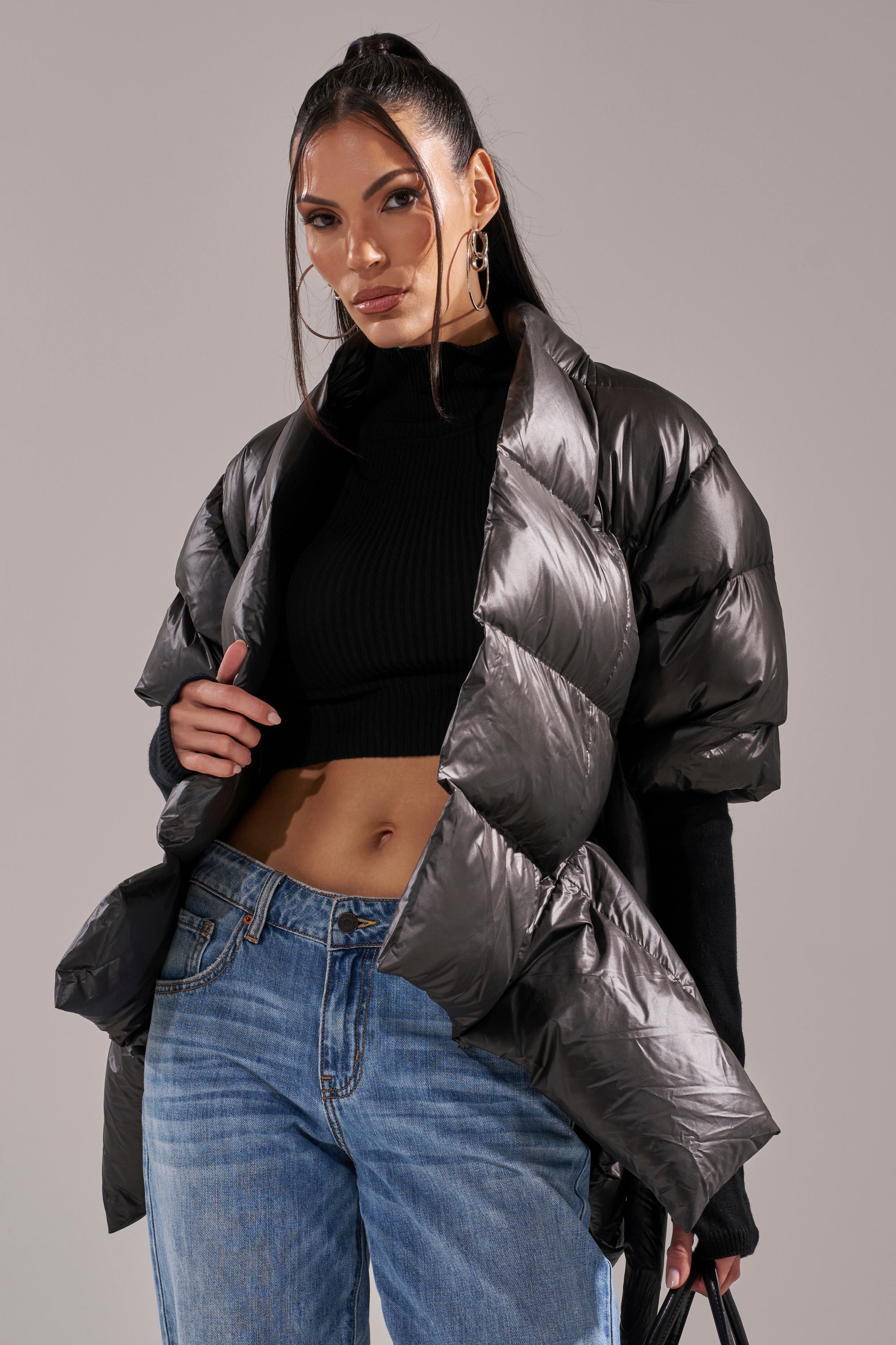 A STEP AHEAD LONG RIBBED SLEEVE PEPLUM PUFFER COAT