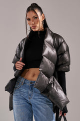 A STEP AHEAD LONG RIBBED SLEEVE PEPLUM PUFFER COAT