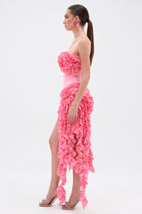 CITY LIGHTS RUFFLE MIDI DRESS IN LIGHT PINK