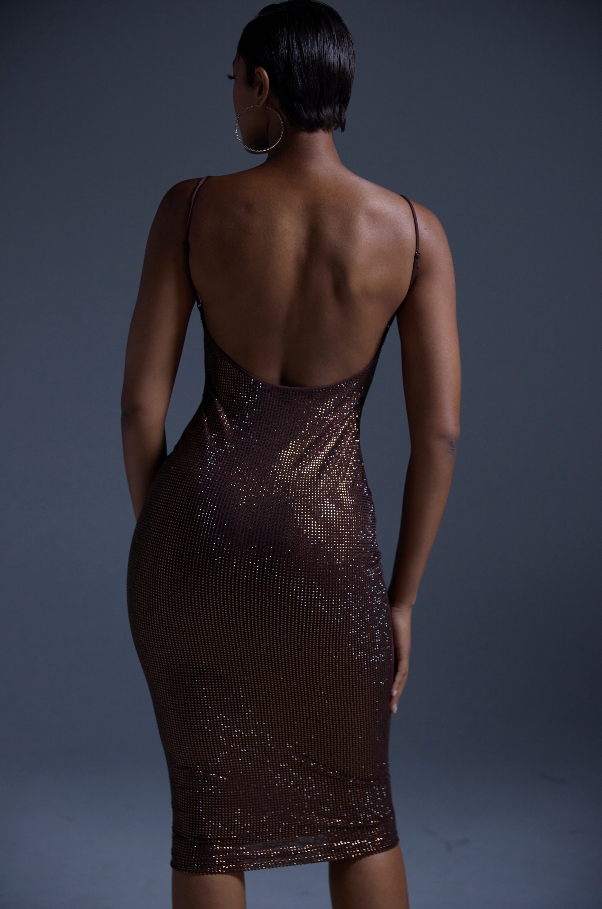 JUST FOR FUN RHINESTONE MIDI DRESS IN BROWN