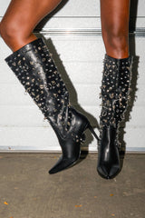 AZALEA WANG AKRISTA BLACK HARDWARE EMBELLISHED STILETTO KNEE HIGH BOOT