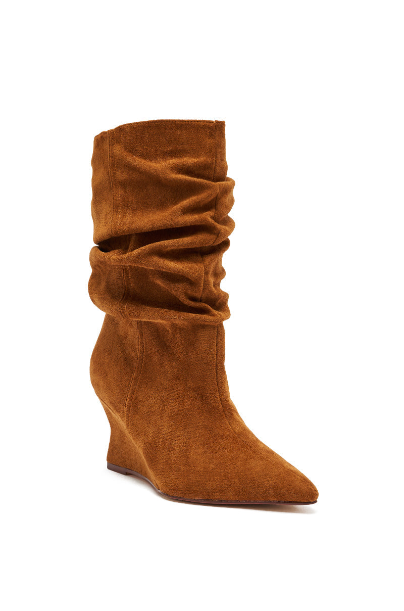 AZALEA WANG ASAF RUCHED WEDGE BOOTIE IN TAN