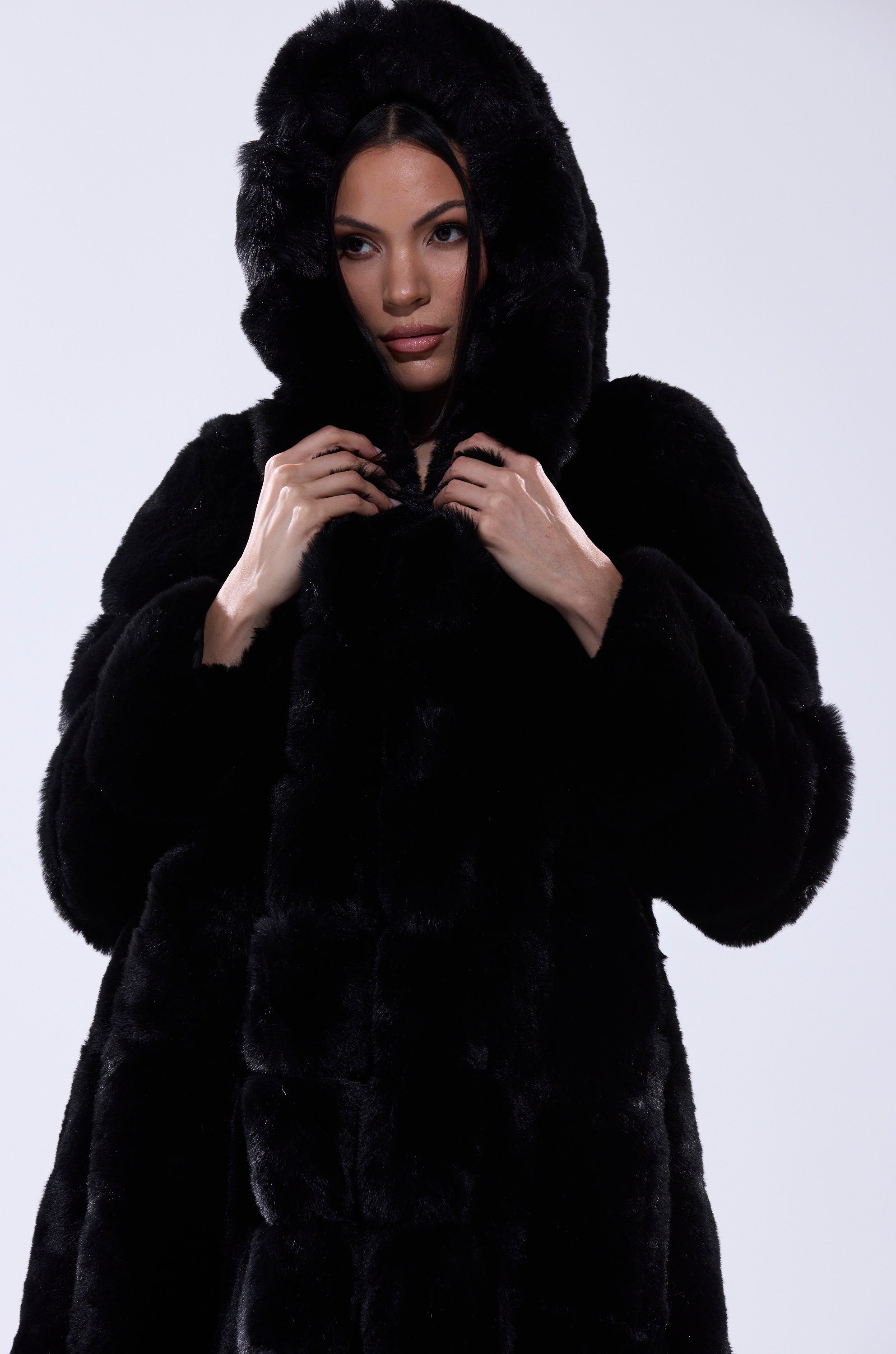 BERLIN HOODED FAUX FUR IN BLACK