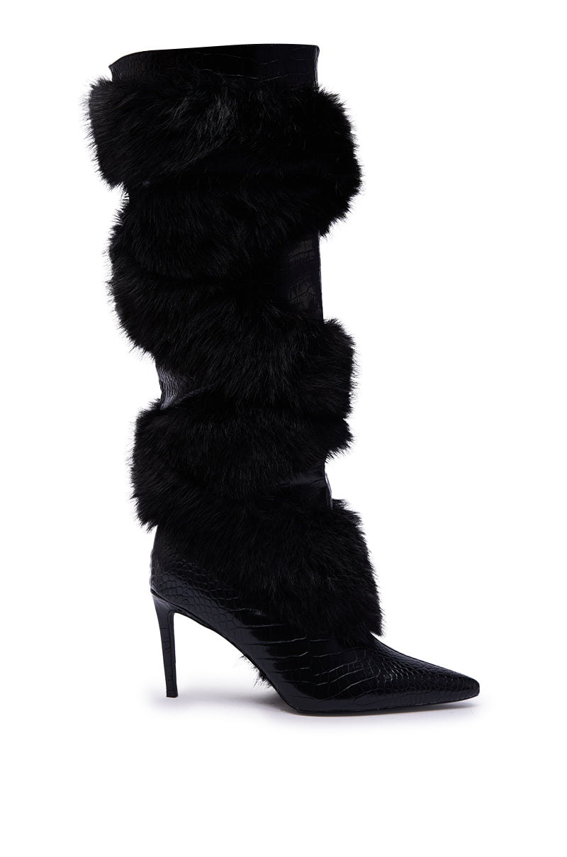 AZALEA WANG CONRADDE BLACK MIXED MATERIAL FUR AND SNAKE STILETTO BOOT