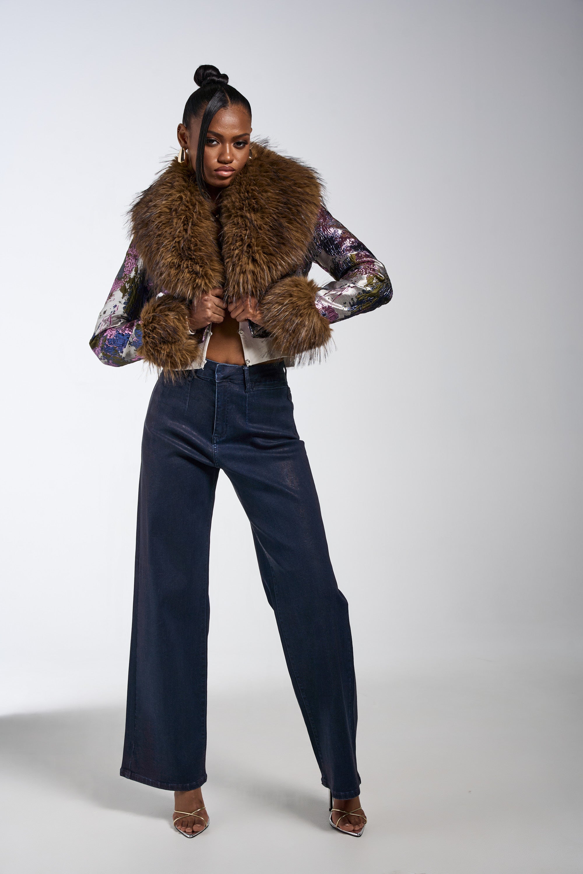 GISELE FUR TRIM MOTO IN BROCADE