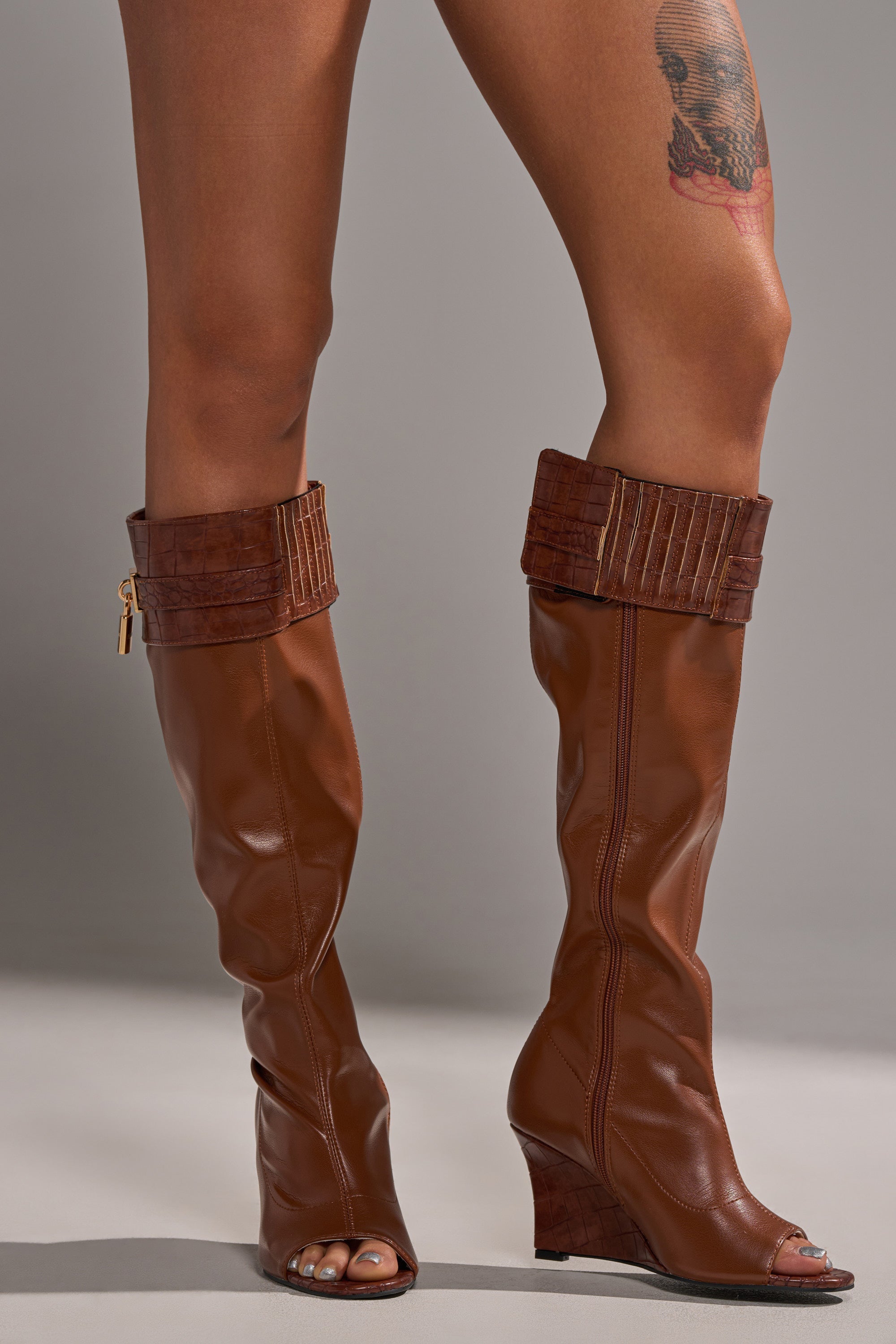 AZALEA WANG GLENNA COGNAC STRETCH PU WEDGE BOOT