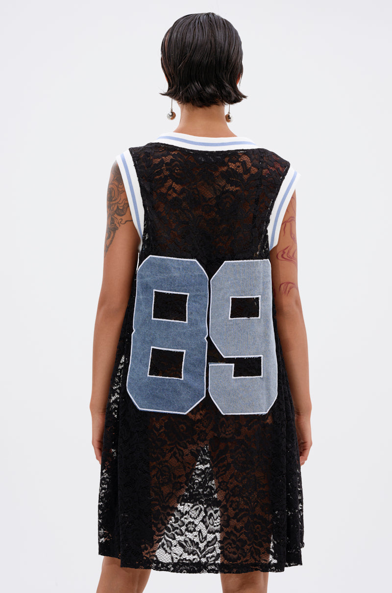 ON THE SIDELINES LACE JERSEY MINI DRESS WITH DENIM