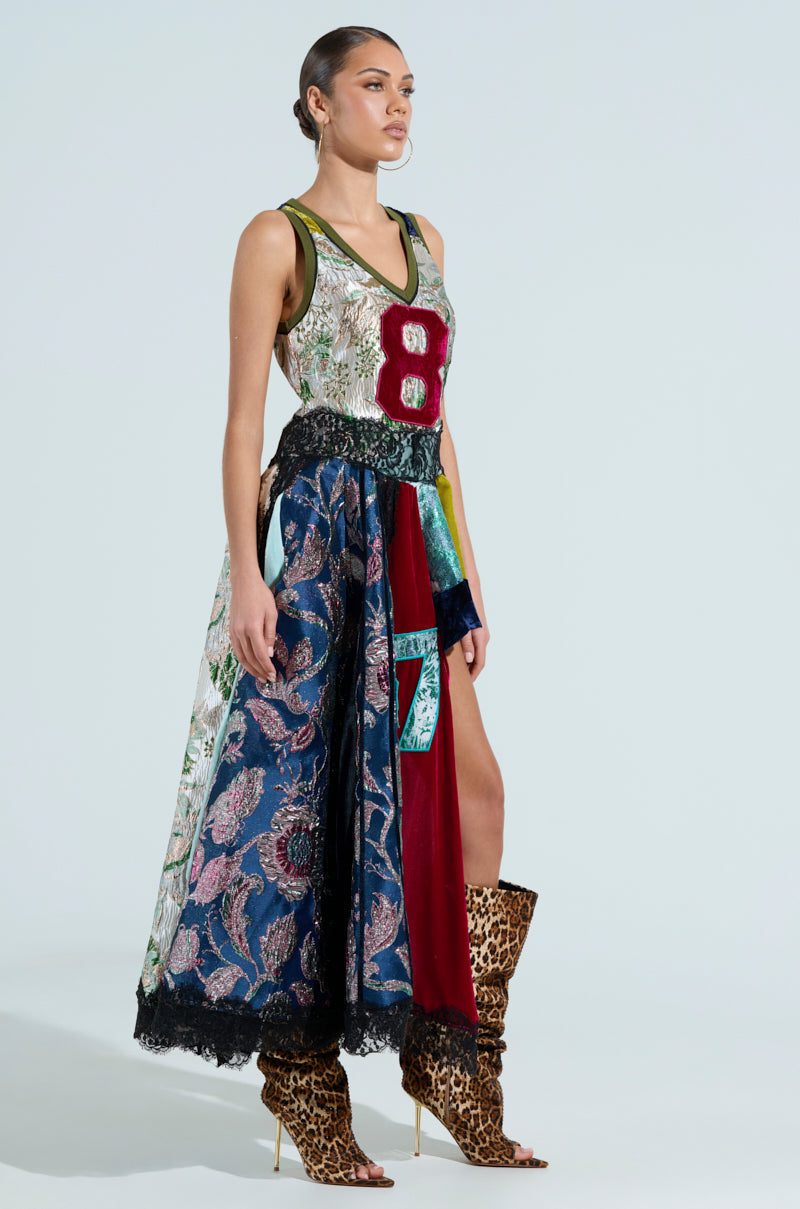 CLEAT CHASER LAYERED JERSEY HIGH LOW DRESS IN BROCADE
