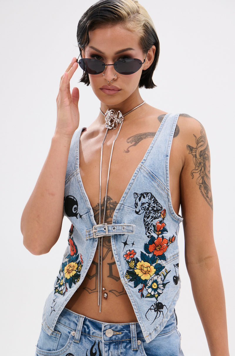 OUT OF MY LEAGUE DENIM HALTER TOP
