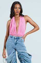 PAXTON SEXY RUCHED PLUNGE MESH HALTER BODYSUIT IN PINK