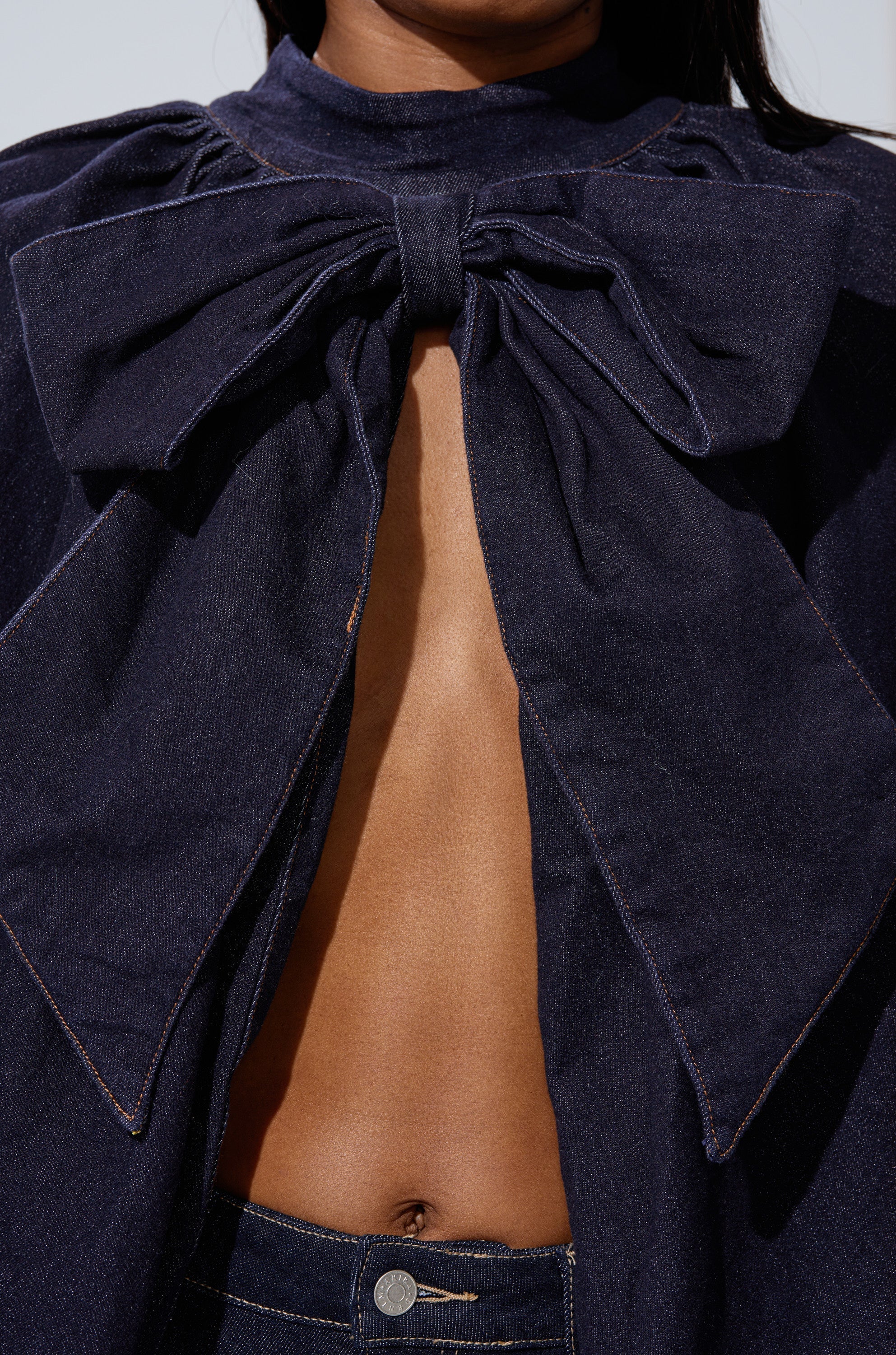 LEAH RUCHED DENIM MOCK NECK TOP IN DARK BLUE DENIM