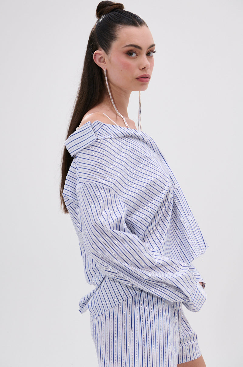 NOTHING BETTER STRIPE BUTTON DOWN WITH RHINESTONE