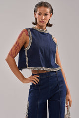POPPIN OUT RHINESTONE DENIM BLOUSE IN DARK WASH DENIM