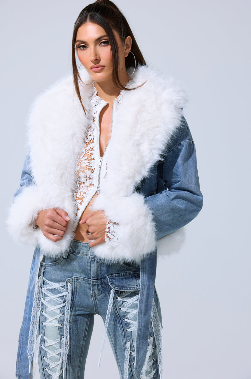 LAINEY FUR TRIM DENIM MOTO