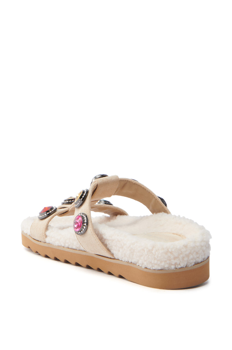 AZALEA WANG LUCIENA BEIGE RHINESTONE AND SHERPA SANDAL