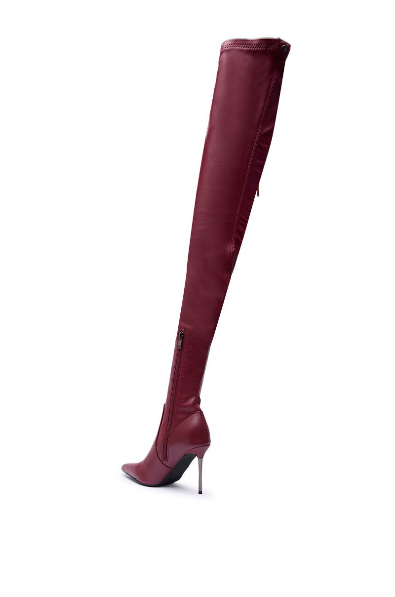AZALEA WANG MILANDRA BURGUNDY STRETCH PU THIGH HIGH BOOT