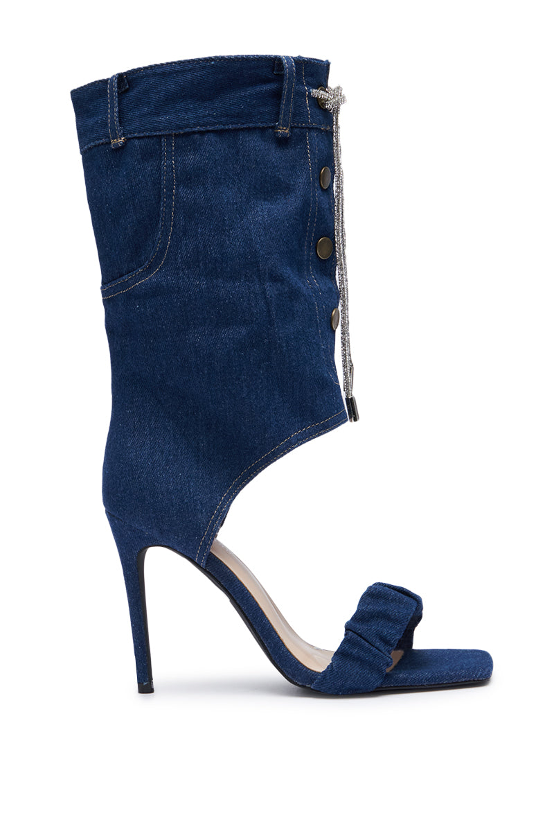 AZALEA WANG MYKEL DENIM GLADIATOR SANDAL WITH RHINESTONE LACE