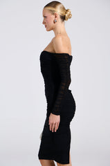RENEE RUCHED OFF THE SHOULDER MIDI DRESS