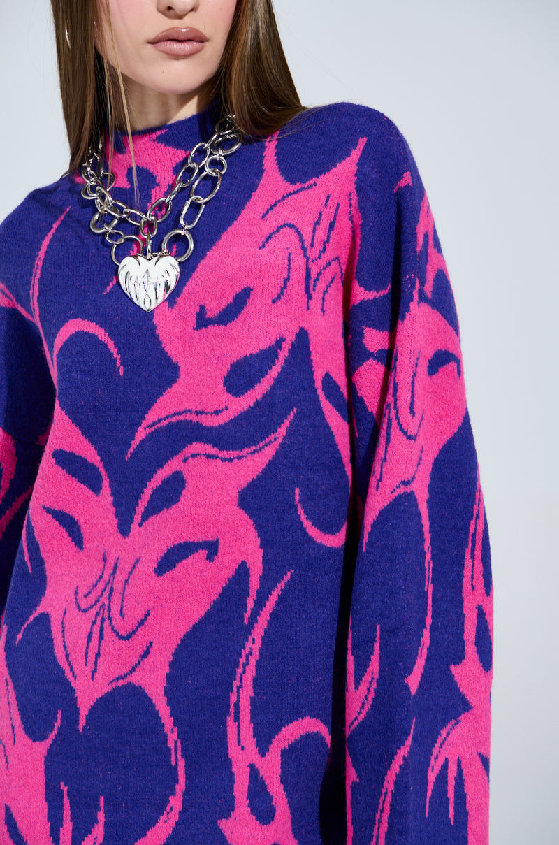 MUSHU GRAPHIC SWEATER DRESS IN BLUE AND PINK