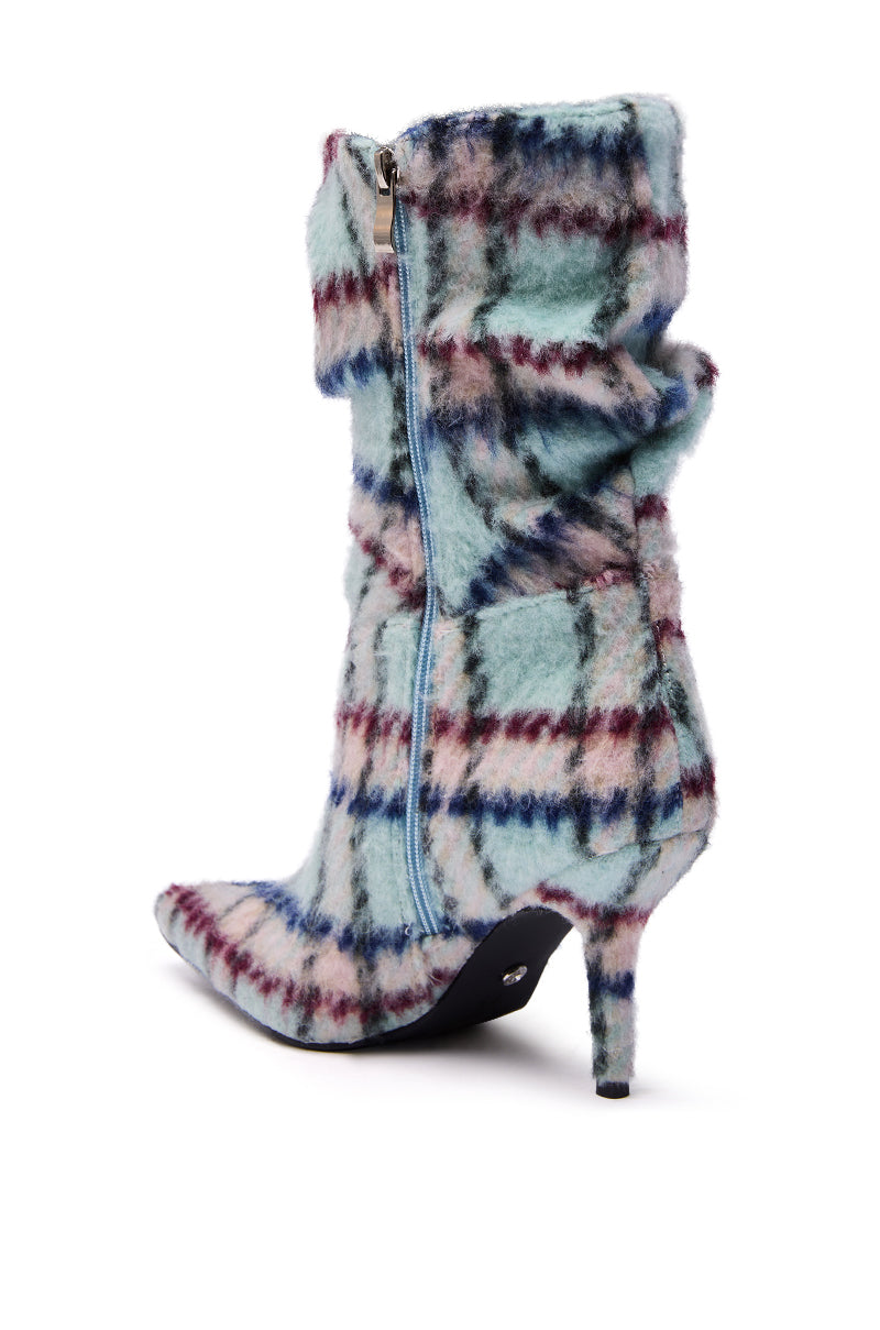 AZALEA WANG SANJIV BLUE MULTI PLAID STILETTO BOOTIE