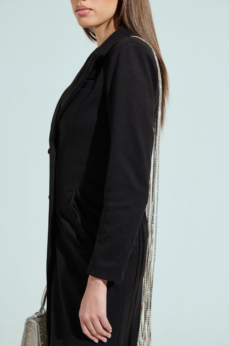 PARTY IN THE BACK RHINESTONE FRINGE TRENCH