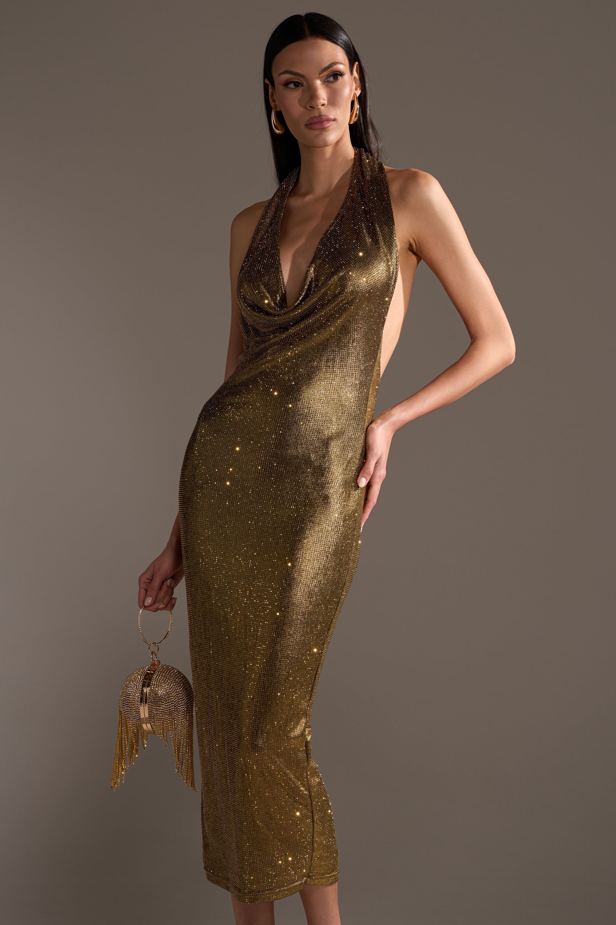 POPPIN' BOTTLES RHINESTONE MAXI DRESS IN GOLD