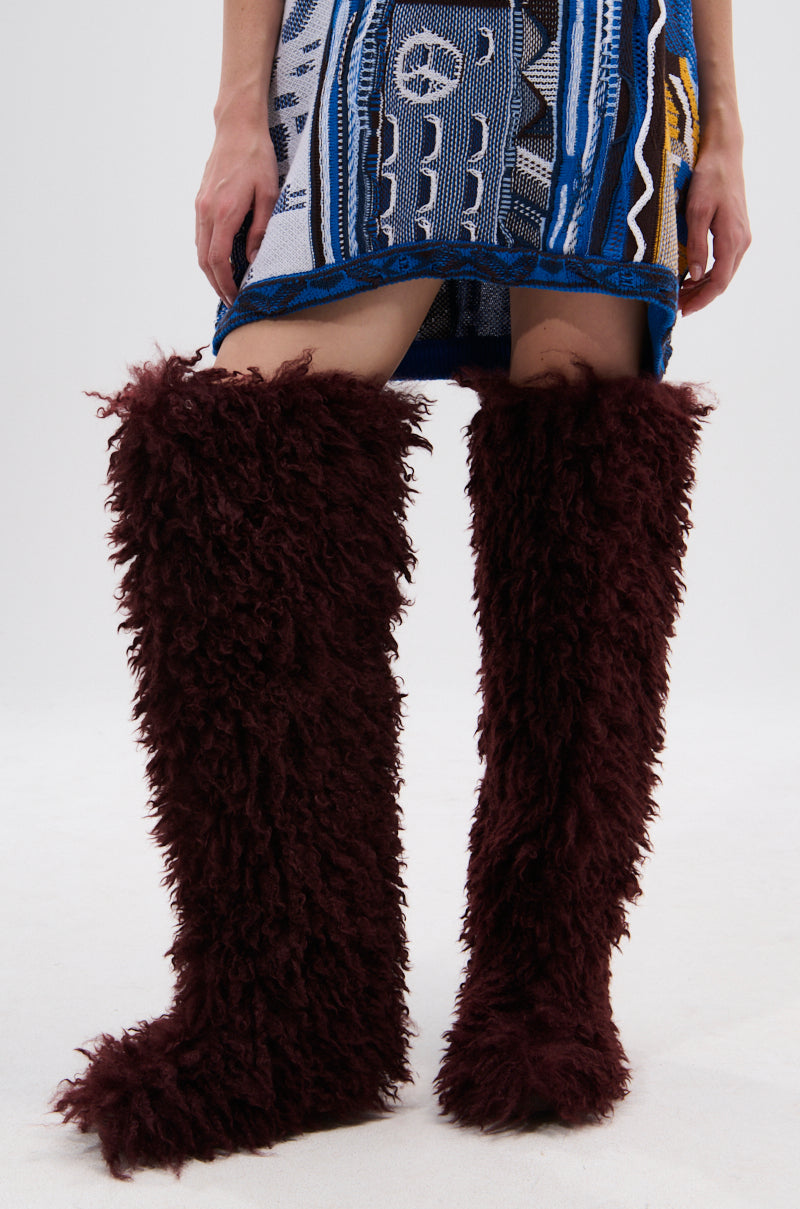 AZALEA WANG TEMPLETON BURGUNDY FAUX POODLE FUR OVER THE KNEE BOOT
