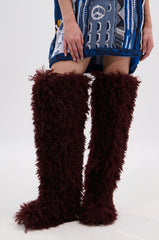 AZALEA WANG TEMPLETON BURGUNDY FAUX POODLE FUR OVER THE KNEE BOOT