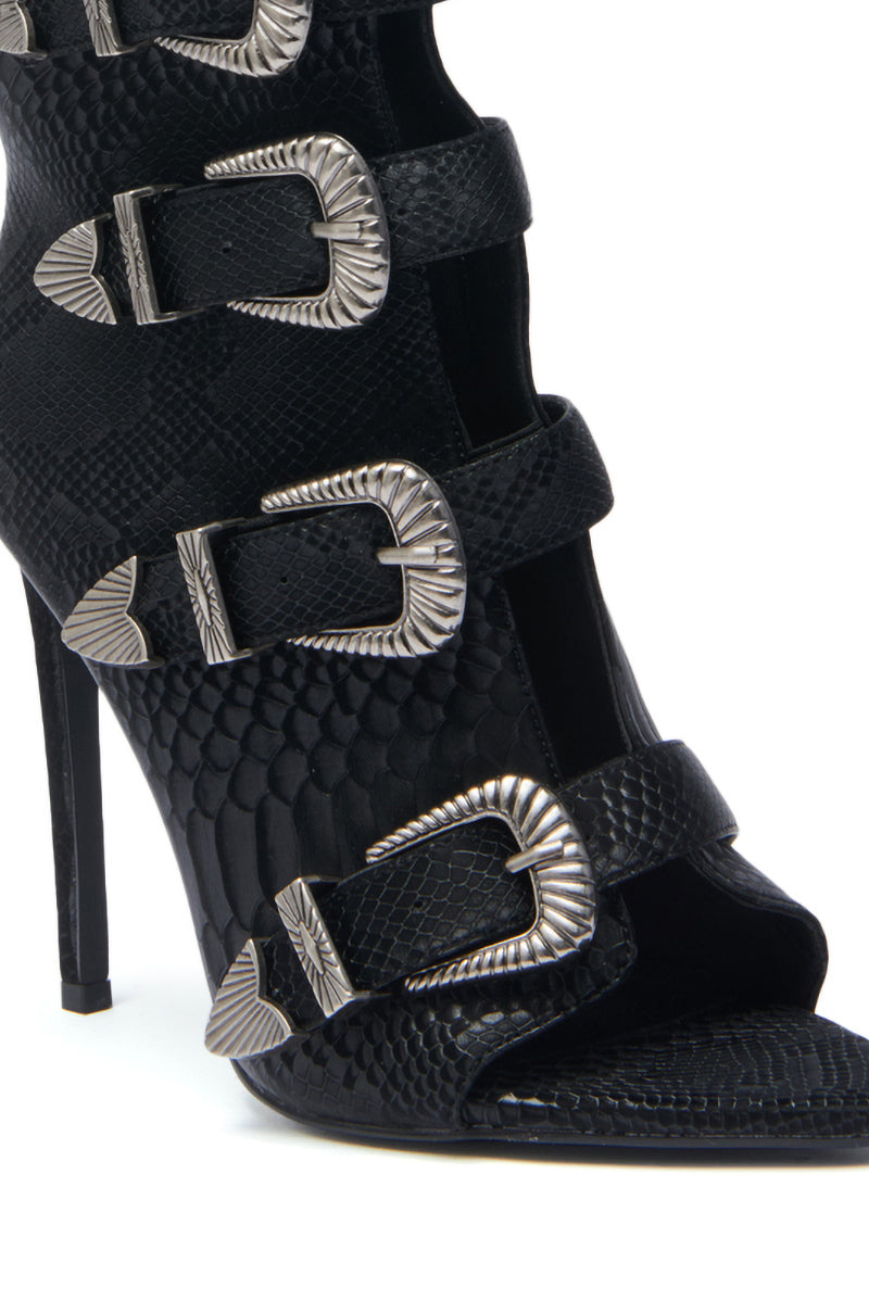 AZALEA WANG TJEERD BLACK WESTERN BUCKLE OPEN TOE BOOTIE