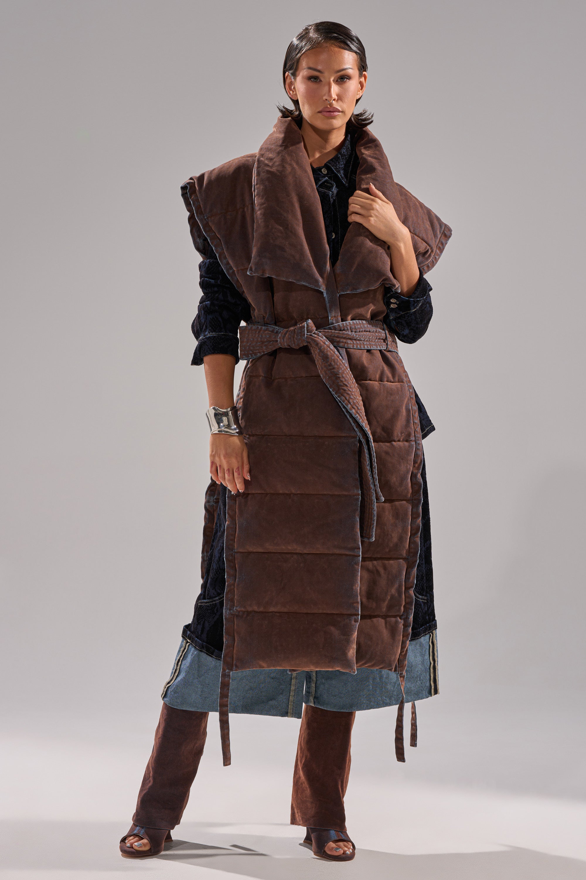 PILOT JONES LONGLINE PUFFER VEST IN VELVET DENIM