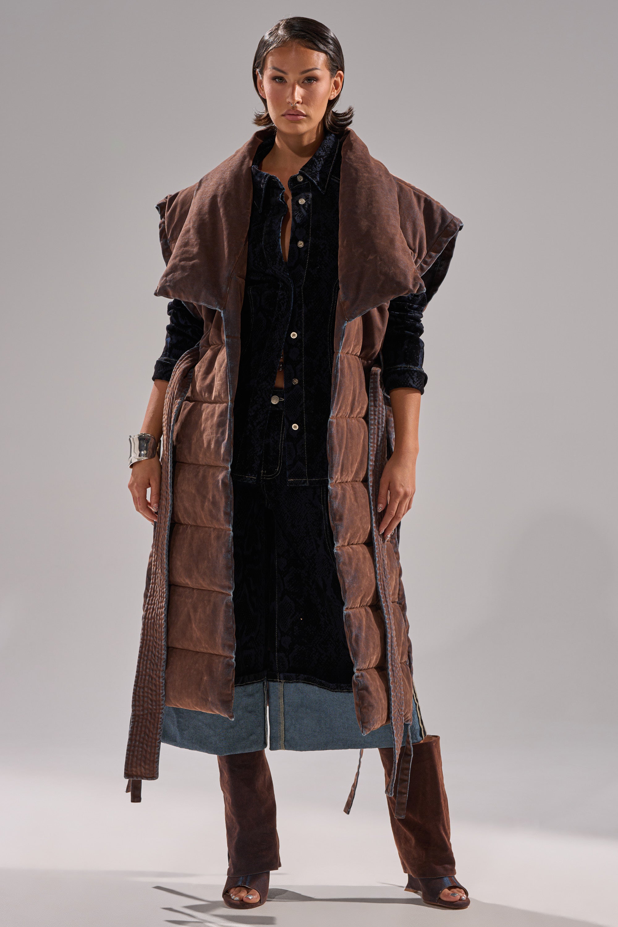 PILOT JONES LONGLINE PUFFER VEST IN VELVET DENIM