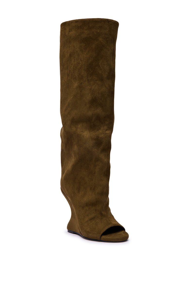 AZALEA WANG VINCENT OLIVE FAUX SUDED OPEN TOE WEDGE BOOT