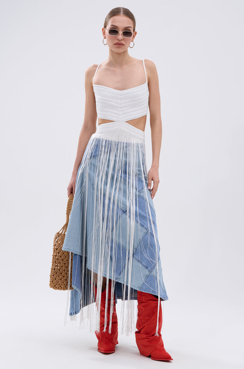 RODEO READY FRINGE MAXI DRESS IN WHITE