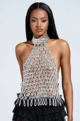 LOREN RHINESTONE HALTER NECK TOP IN SILVER