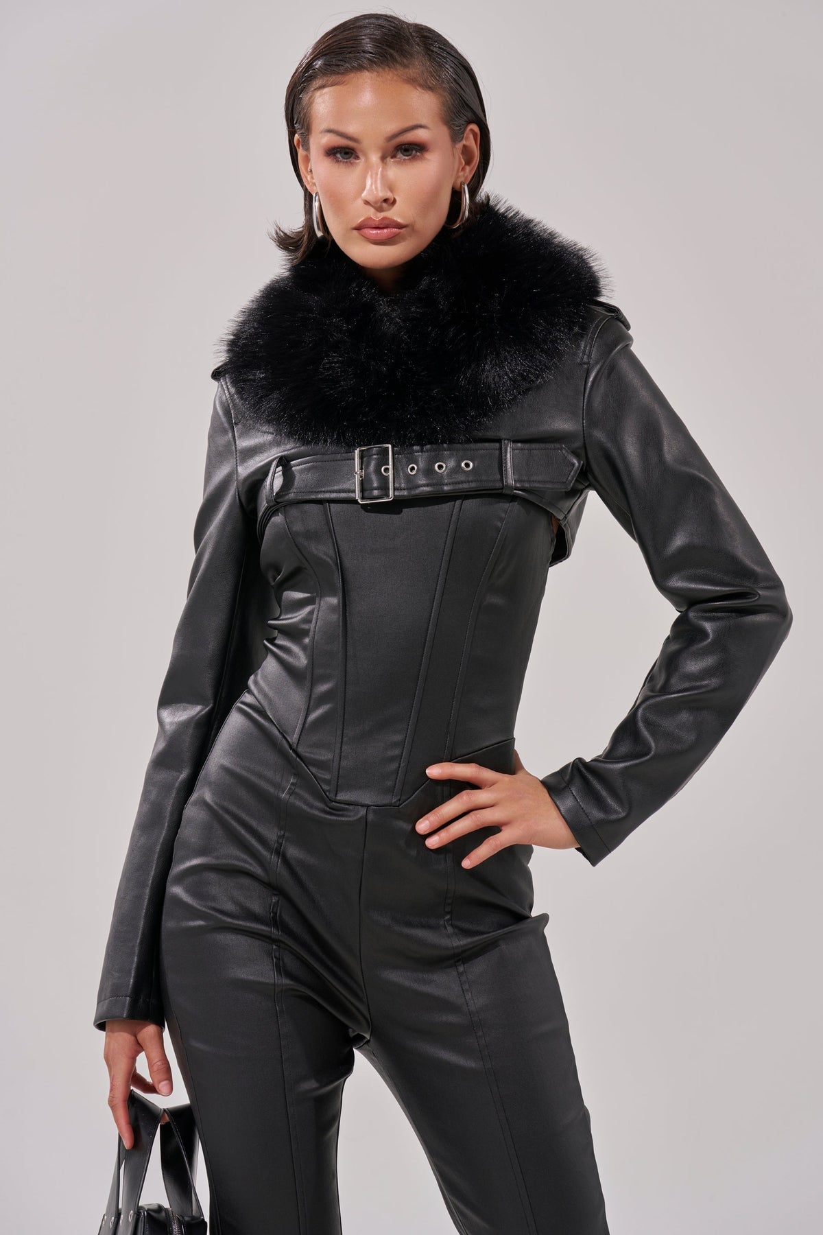 HALF MY HEART ULTRA CROPPED MOTO WITH FUR COLLAR