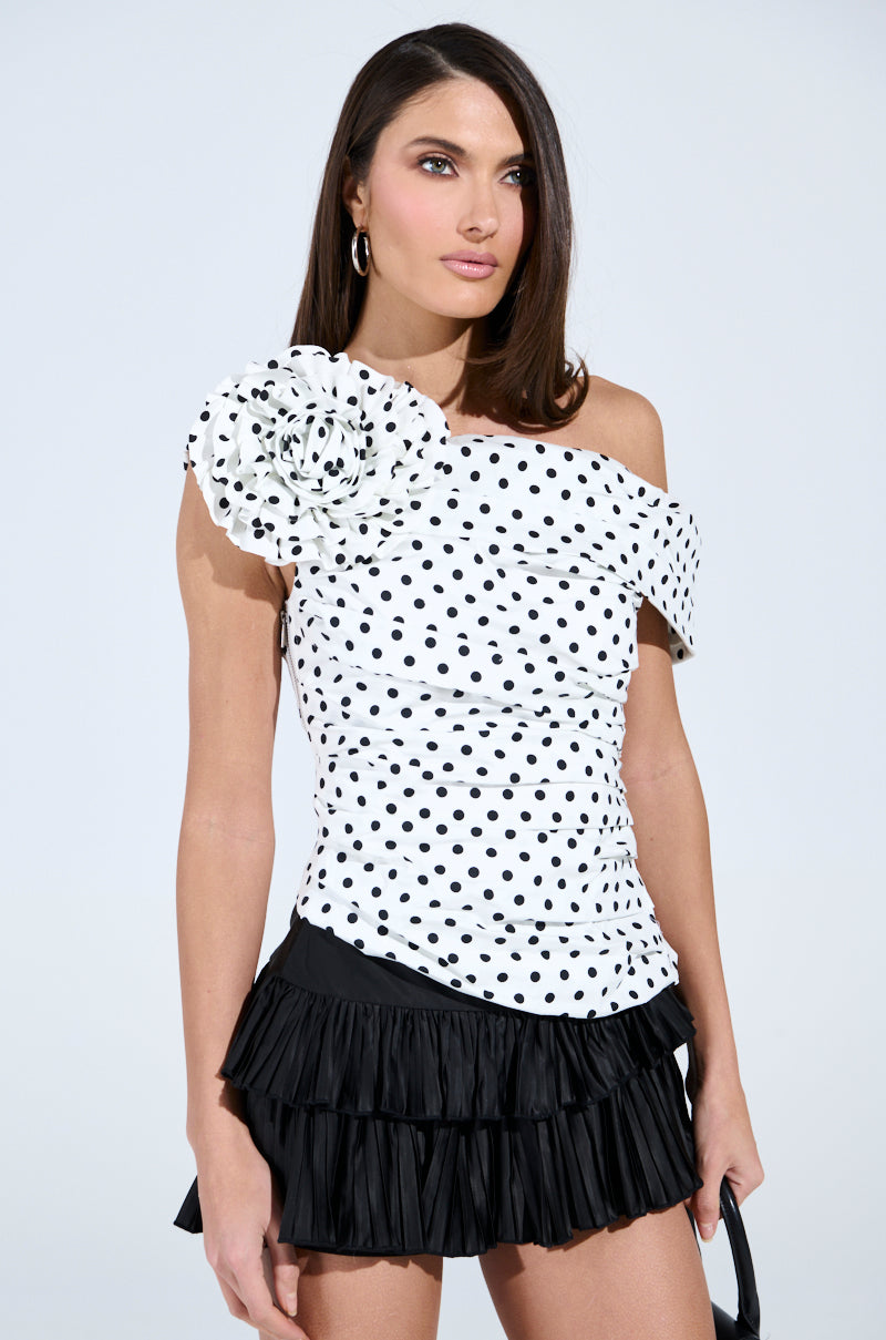 RUCHED POLKA DOT OFF THE SHOULDER TOP