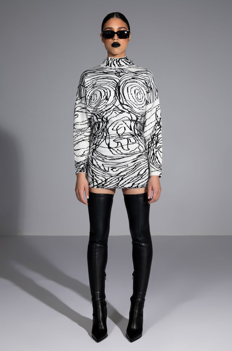 BODY WORK ABSTRACT LONG SLEEVE KNIT MINI DRESS