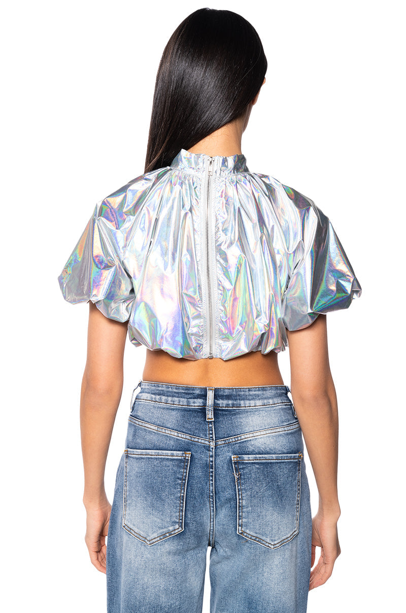 INTERSTELLAR CROPPED METALLIC MOCK NECK TOP